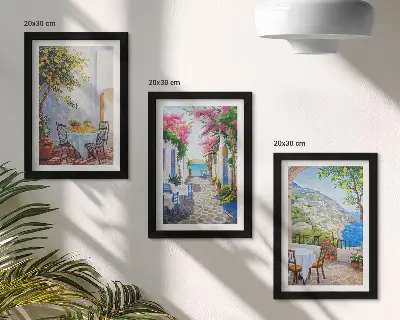 Set de 3 tablouri cu străzi fermecătoare, plante înflorite și priveliști spre mare
