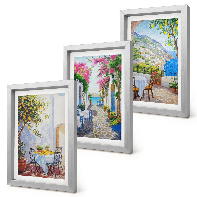 Set 3 tablouri Străzi fermecătoare cu plante înflorite și priveliști spre mare