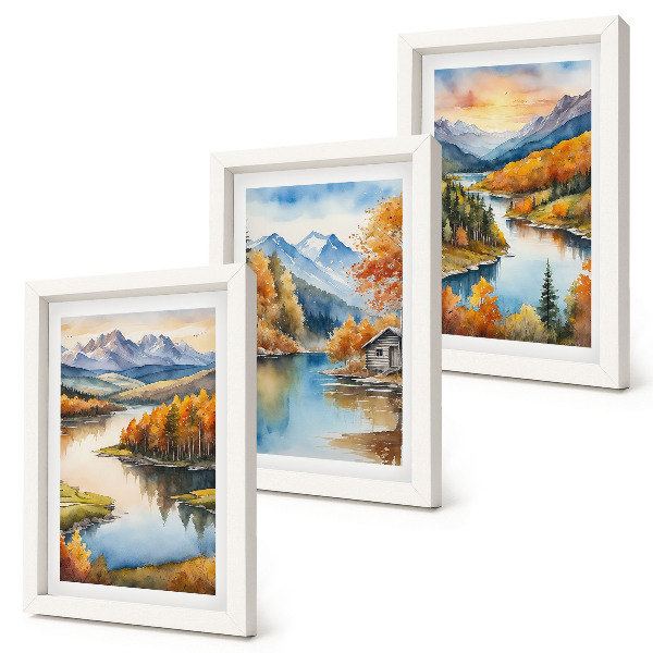 Set 3 tablouri Peisaje montane de toamnă cu un râu și o cabană lângă apă