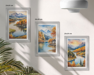 Set 3 tablouri Peisaje montane de toamnă cu un râu și o cabană lângă apă