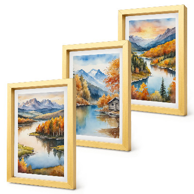 Set 3 tablouri Peisaje montane de toamnă cu un râu și o cabană lângă apă