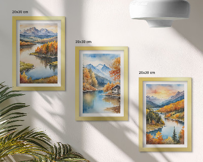 Set 3 tablouri Peisaje montane de toamnă cu un râu și o cabană lângă apă