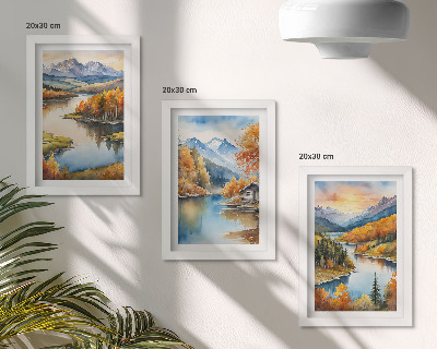 Set 3 tablouri Peisaje montane de toamnă cu un râu și o cabană lângă apă