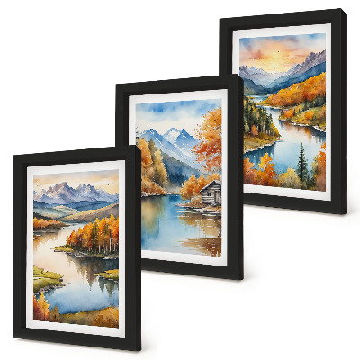 Set 3 tablouri Peisaje montane de toamnă cu un râu și o cabană lângă apă