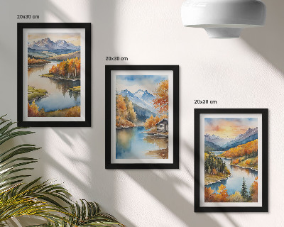 Set 3 tablouri Peisaje montane de toamnă cu un râu și o cabană lângă apă