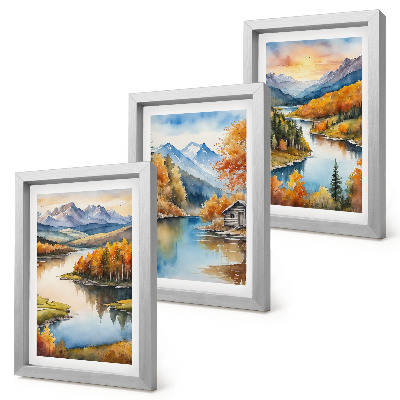 Set 3 tablouri Peisaje montane de toamnă cu un râu și o cabană lângă apă
