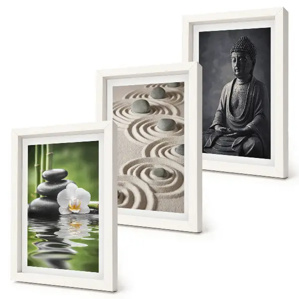Set 3 tablouri cu vedere relaxantă a lui Buddha, pietre pe plajă și bambus