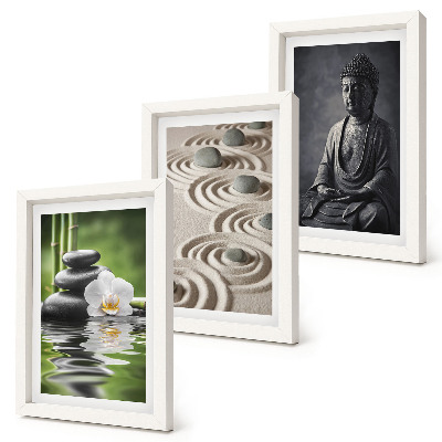 Set 3 tablouri Vedere relaxantă a lui Buddha, pietre pe plajă și bambus