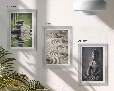 Set 3 tablouri cu vedere relaxantă a lui Buddha, pietre pe plajă și bambus