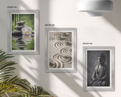 Set 3 tablouri Vedere relaxantă a lui Buddha, pietre pe plajă și bambus