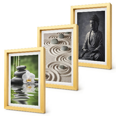 Set 3 tablouri Vedere relaxantă a lui Buddha, pietre pe plajă și bambus