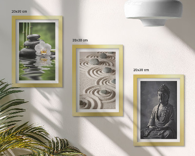 Set 3 tablouri Vedere relaxantă a lui Buddha, pietre pe plajă și bambus