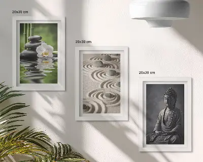 Set 3 tablouri cu vedere relaxantă a lui Buddha, pietre pe plajă și bambus