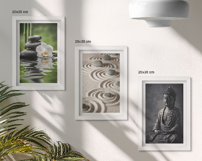 Set 3 tablouri Vedere relaxantă a lui Buddha, pietre pe plajă și bambus