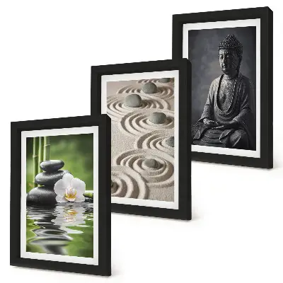 Set 3 tablouri cu vedere relaxantă a lui Buddha, pietre pe plajă și bambus