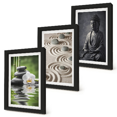Set 3 tablouri Vedere relaxantă a lui Buddha, pietre pe plajă și bambus