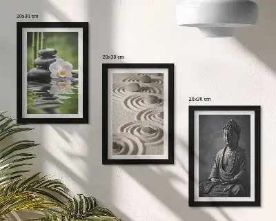 Set 3 tablouri cu vedere relaxantă a lui Buddha, pietre pe plajă și bambus