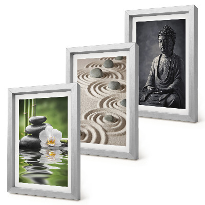 Set 3 tablouri Vedere relaxantă a lui Buddha, pietre pe plajă și bambus