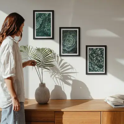 Galerie de perete cu frunze verzi de plante suculente și crenguțe delicate