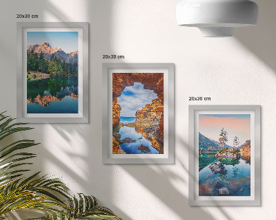 Set 3 tablouri Lacuri de munte cu reflexii în apă și stânci