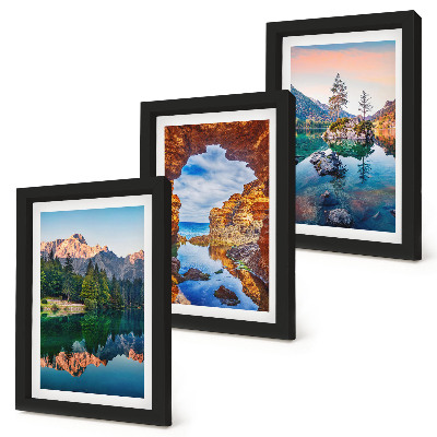 Set 3 tablouri Lacuri de munte cu reflexii în apă și stânci