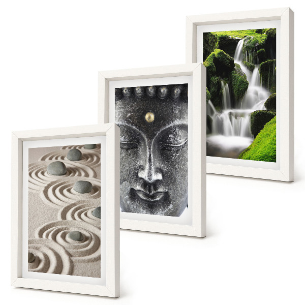 Set 3 tablouri Pacea naturii cu pietre, o cascadă și Buddha