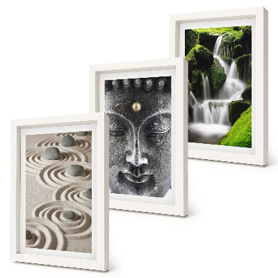Set 3 tablouri Pacea naturii cu pietre, o cascadă și Buddha