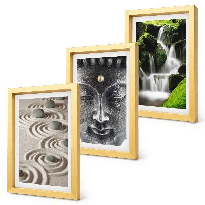 Set 3 tablouri Pacea naturii cu pietre, o cascadă și Buddha