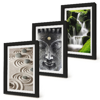 Set 3 tablouri Pacea naturii cu pietre, o cascadă și Buddha