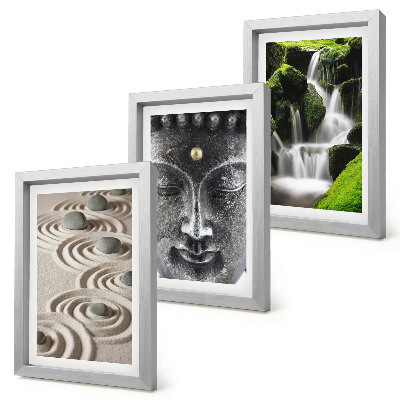 Set 3 tablouri Pacea naturii cu pietre, o cascadă și Buddha