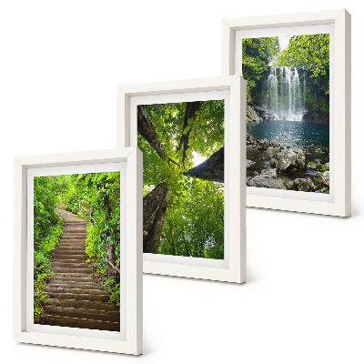 Set 3 tablouri Cale de pădure cu cascadă și vegetație verde