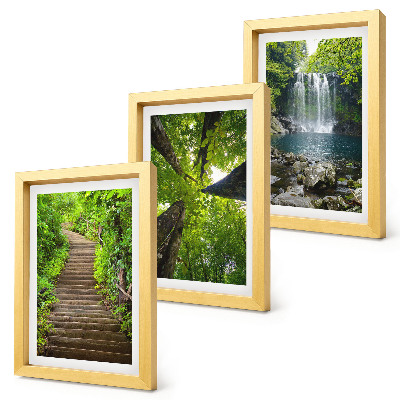 Set 3 tablouri Cale de pădure cu cascadă și vegetație verde