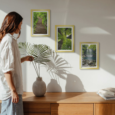 Set 3 tablouri Cale de pădure cu cascadă și vegetație verde