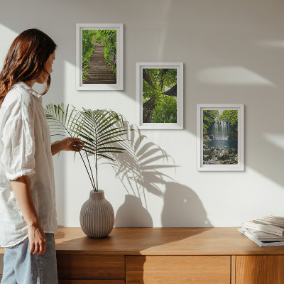 Set 3 tablouri Cale de pădure cu cascadă și vegetație verde