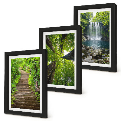 Set 3 tablouri Cale de pădure cu cascadă și vegetație verde