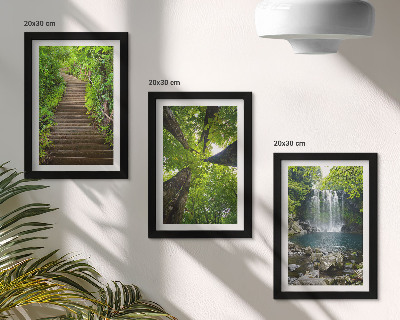 Set 3 tablouri Cale de pădure cu cascadă și vegetație verde