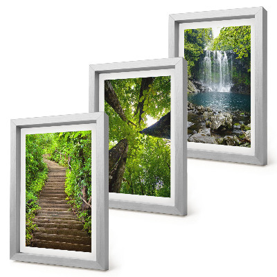 Set 3 tablouri Cale de pădure cu cascadă și vegetație verde