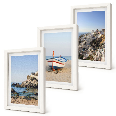 Set 3 tablouri Vedere la mare cu barcă și case albe Grecia