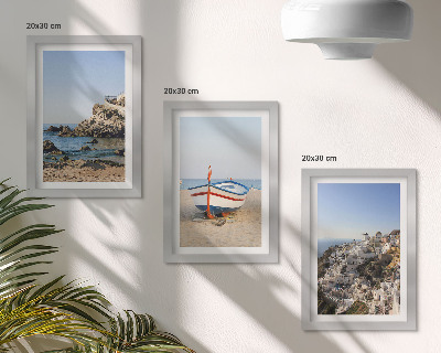 Set 3 tablouri Vedere la mare cu barcă și case albe Grecia