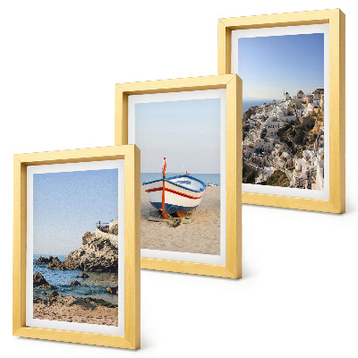 Set 3 tablouri Vedere la mare cu barcă și case albe Grecia