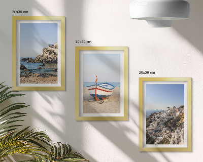 Set 3 tablouri Vedere la mare cu barcă și case albe Grecia