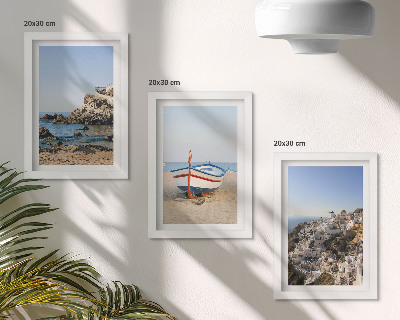 Set 3 tablouri Vedere la mare cu barcă și case albe Grecia