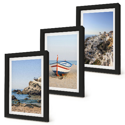 Set 3 tablouri Vedere la mare cu barcă și case albe Grecia