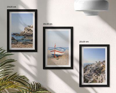 Set 3 tablouri Vedere la mare cu barcă și case albe Grecia