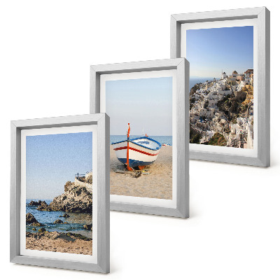 Set 3 tablouri Vedere la mare cu barcă și case albe Grecia