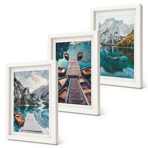Set 3 tablouri Un lac cu diguri de lemn și munți