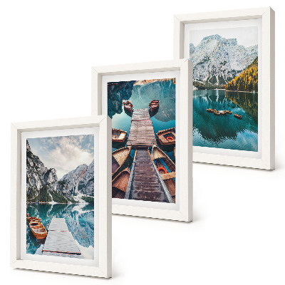 Set 3 tablouri Un lac cu diguri de lemn și munți