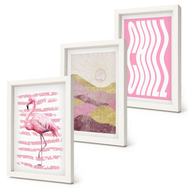 Set 3 tablouri Peisaj montan pastelat cu flamingi roz, litere Chill
