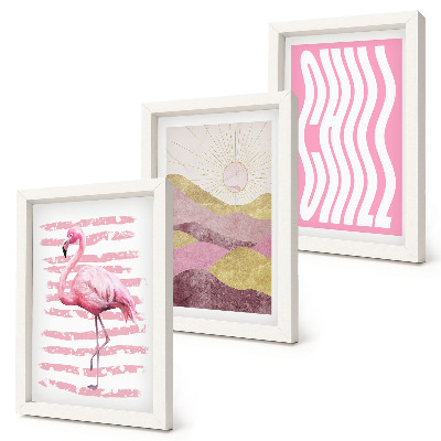 Set 3 tablouri Peisaj montan pastelat cu flamingi roz, litere Chill