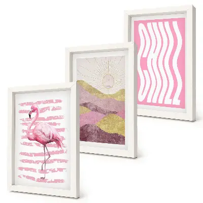 Set de 3 tablouri peisaj montan pastelat cu flamingi roz și text Chill